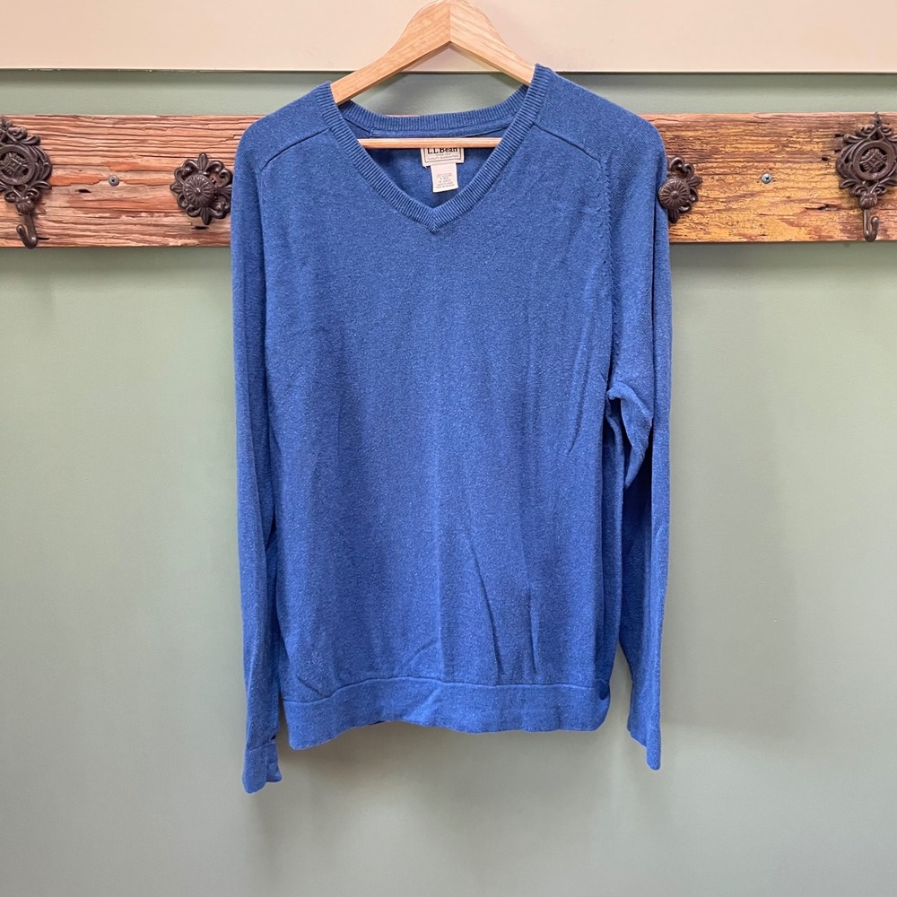 LL Bean Mens V-Neck Sweater Blue Cotton Cashmere Blend Large Regular JDG3